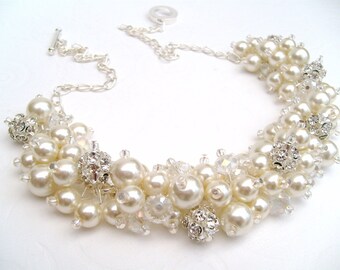 Pearl and Rhinestone Beaded Necklace, Bridal Jewelry, Cluster Necklace, Chunky Necklace, Bridesmaid Gift - Pearl and Crystals by Kim Smith