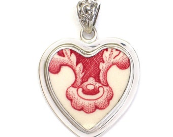 Broken China Jewelry Johnson Bros Old Britain Castles Pink Red Sterling Heart Pendant
