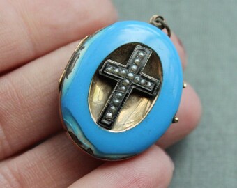 Large Victorian Turquoise Enamel and Seed Pearl Cross Locket