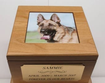 Dog Urn Pet Urn Memorial with Custom Tile Photo and Engraved Brass Tag Beautiful Red Alder Large 80 lbs