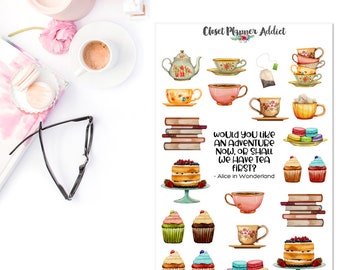Tea and Cake Planner Stickers | Tea Party Stickers | Tea Stickers | Alice in Wonderland | Cake Stickers | Books Stickers (S-312)