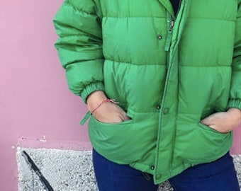 Vintage 80s Green Puffer Down Bomber Jacket