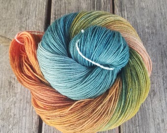 75/25 Sock Weight, Hand Dyed Yarn - "Lively Piling", Orange and Teal, Jewel tones, varigated, rich color, copper tonal