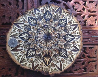 8.5" Wood Burned Mandala Slice - Handmade Wall Hanging, Sacred Geometry Art, Bohemian Wall Art