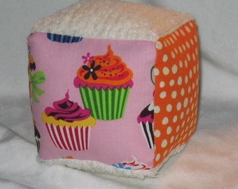 Bright Pink and Orange and Chenille Block Rattle Toy - SALE