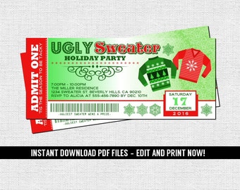 Ugly Sweater Party Ticket Invitations Christmas Holiday - (Instant Download) Editable and Printable PDF Files