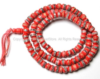 108 beads - 8mm Tibetan Prayer Beads - Red Bone Mala Prayer Beads with Brass, Copper, Turquoise & Coral Inlays - PB13S