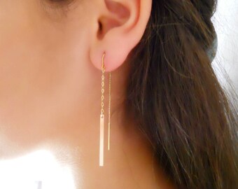 Gold Bar Threader Earrings, Gold Chain Earrings, Simple Gold Earrings, Long Gold Earrings, Gold Dangling Earrings, Gold Threaders, #715