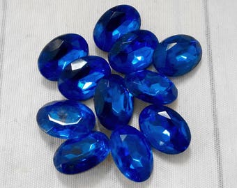 Lot of 11 Vintage Czech Faceted Blue Glass Stones, 18 mm Oval Pointed Backs Czechoslovakia Imitation Sapphire, Jewelry Making Craft Supply