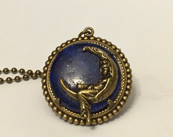 Valentine gift, Moon goddess necklace, blue lapis necklace, lunar, crescent moon, blue moon, dreamers necklace,