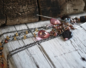 Pink Quartz Long Chain Earrings Dangling Mixed Metals Gemstones Letemendia Jewelry Handmade Boho