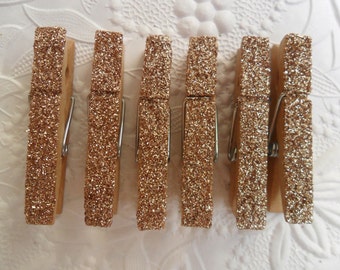 6 Mini Glitter Clothespins-Champagne Gold-1 3/4 inch