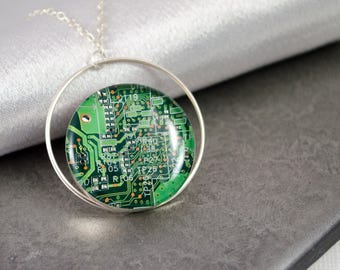 Circuit Board Necklace Green, Sterling Silver Jewelry, Geek Gift for Her, Wearable Technology, Artisan Industrial Necklace, Geekery