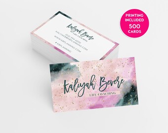 Watercolor Pink Business Card 500 Printed Business Cards Personalized Calling Card Blogger Salon Makeup Hair Brow Lipsense Monat Coaching