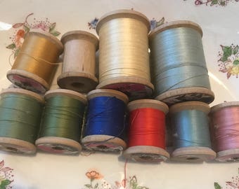 Lot of 10 vintage wooden spools, Sewing thread wood spools, Talon