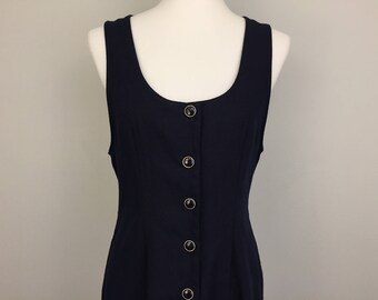 Womens Jumper Dress Sleeveless 90s Dress Minimalist Clothing Navy Blue Dress Button Up Dress Medium Vintage Dresses 1990s Womens Clothing
