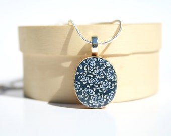 Blue Flower Pendant necklace navy floral boho delicate jewelry circle pendant eco friendly jewelry