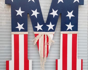 Flag Letter, 4th of July, American Flag Initial, Front Door Hanger, Red, White and Blue, Stars and Stripes, Monogram