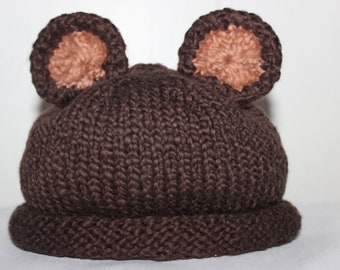 9 - 12 Month Size Organic Cotton Hand Knit Chocolate Brown Teddy Bear Hat