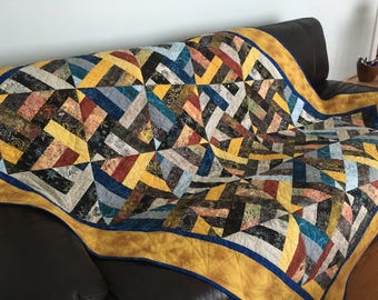 Quilted Throw/ Throw Sized Quilt/ Large Throw/ Yellow and blue Quilt/ Yellow Quilt/ Oversized Quilt Throw/ Modern Quilt/ Quilt Gift