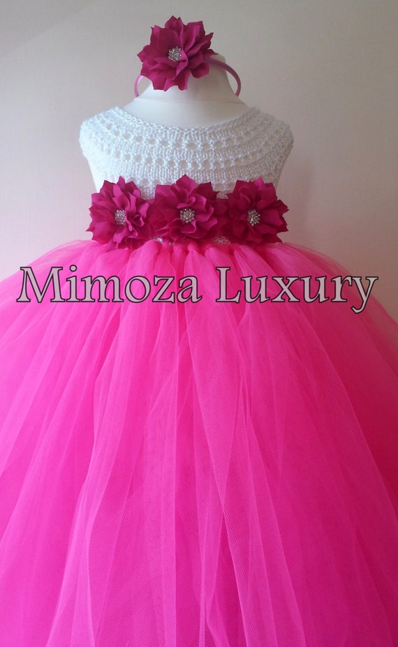 Pink Flower girl dress, hot pink tutu dress, bridesmaid dress, princess dress, pink crochet top tulle dress, hand knit tutu dress in pink