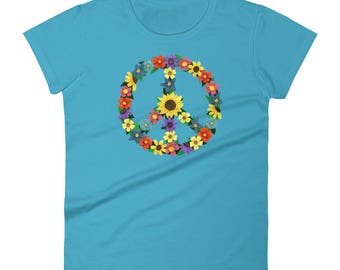 Women's Flower Peace Sign Collage Short Sleeve T-shirt