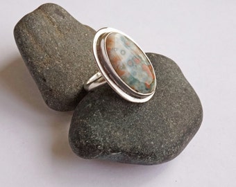 Ocean Jasper Sterling Ring, Oval Ocean Jasper Ring, Green Pink Ring, Sterling Ring, Oval Ocean Jasper