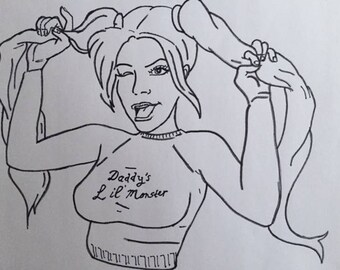 Harley Quinn, Daddy's Lil' Monster, black and white illustration, A5