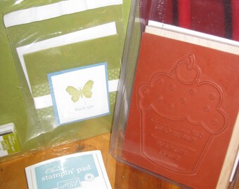 SALE Stampin' Up Mix and Match Destash Kit with Stampin' Up Ink Pads, Birthday Thanks Large Rubber Stamp, 1 Card, Card Stock, 1 Inch Ink Pad