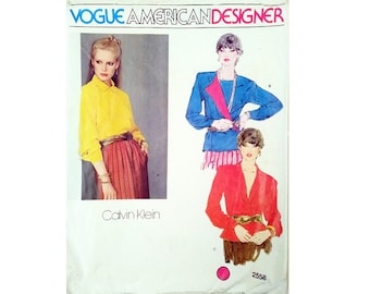 Vintage 80's Vogue American Designer 2558 Calvin Klein Double Breasted, Asymmetrical or Plunge V Neck Blouse Shirt Sewing Pattern