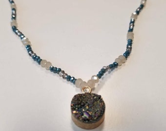 Glass bead and crystal pendant necklace
