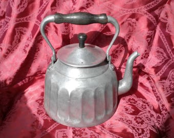 Vintage Cast Aluminum Kettle with wooden handle Retro decor Mid Century Tea Kettle Farmhouse Decor