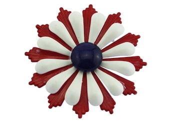 Vintage Red Enamel Flower Brooch, Large Red Flower Brooch, Red Enamel Flower Pin, Red White Blue Enamel Flower Brooch