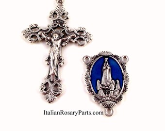 Virgin of Fatima Blue Enamel Rosary Crucifix and Medal Set | Italian Rosary Parts
