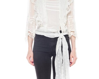 Edwardian White Cotton Embroidred Top With Waist Tie Size: 4
