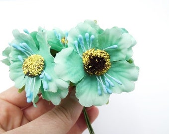 6 Green Blue Cherry Flowers Silk Flowers Artificial Flowers Fake Flowers Silk Flowers Green Decorative Flowers Craft Flowers