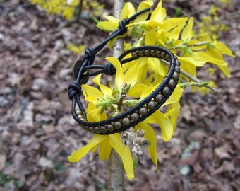 Leather Beaded Wrap Bracelet - Black and Antique Brass