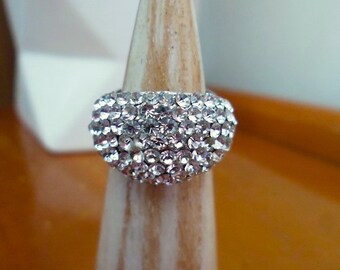 Chunky Pave Sparkly Rhinestone and Silvertone Adjustable Dome Ring Bling Costume Jewelry