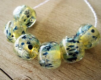 Lampwork Glass 6 Silvered Golden Shimmery Encased with Blue dots Reduction Glass Beads