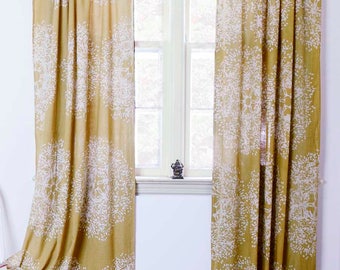 Yellow window curtains window treatment Block print natural dye home and living houseware -ONE panel - Tree Forest 56"w x 108"L