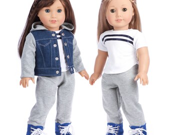 Tomboy - Doll Clothes for 18 inch American Girl Dolls - 4 Piece Doll Outfit- Jeans Jacket, Grey Sweatpants, T-shirt and Blue Boots