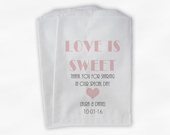 Love Is Sweet Candy Buffet Bags - Pink and Gray Art Deco Take A Treat Favor Bags for Wedding, Bridal Shower - Paper Treat Bags (0195)