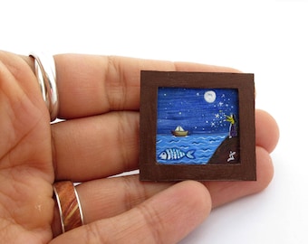 ORIGINAL Miniature Acrylic Painting, Miniature Painting for Dollhouse or Collection, Tiny Painting Starry Night, Fish and Boat