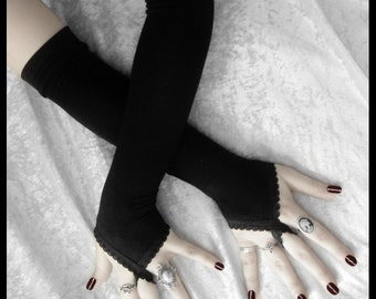 Pirouette Arm Warmers - Black - Fingerloops - Gothic Wedding Regency Belly Dance Victorian Vampire Caberet Goth Burlesque Yoga Opera Evening