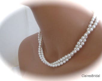 Multi Strand Pearl Necklace Earring Set Bridal Jewelry Set Pearl and Silver Earrings