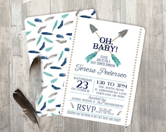 Boy Baby Shower Invitation - Arrow Baby Shower Invitation - Feathers Invitation - Tribal - Boho