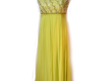 50s Chartreuse Gown Beaded Chiffon Gown Size S