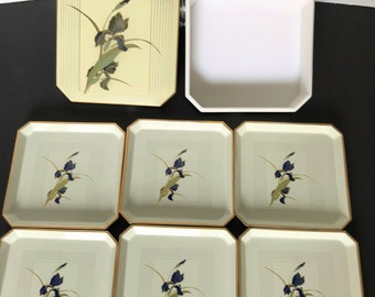 OTAGIRI Lacquerware Ivory & Blue GRAND IRIS Sushi Plates Coaster Set with Box