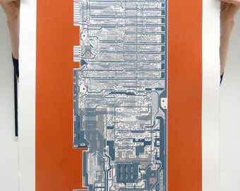 Commodore 64 (C64) screen print blue, grey, silver on red art silkscreen circuit portrait retro computing