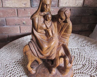 Special-Vintage Holy Family Jesus Mary Joseph Hand Carved Wood Statue-Jerusalem.